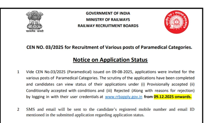 Railway RRB Paramedical Staff (434 posts) Exam Date & Admit Card 2025 Released, Check Now