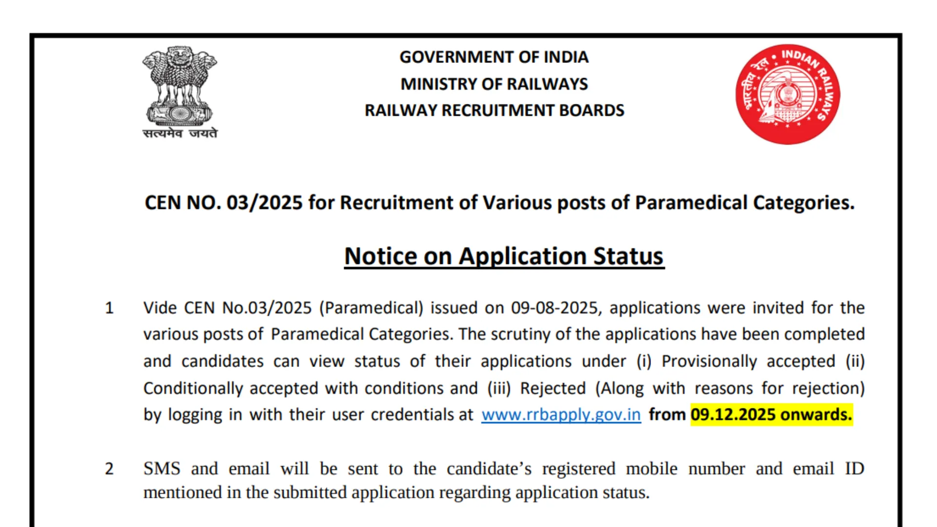 Railway RRB Paramedical Staff (434 posts) Exam Date & Admit Card 2025 Released, Check Now