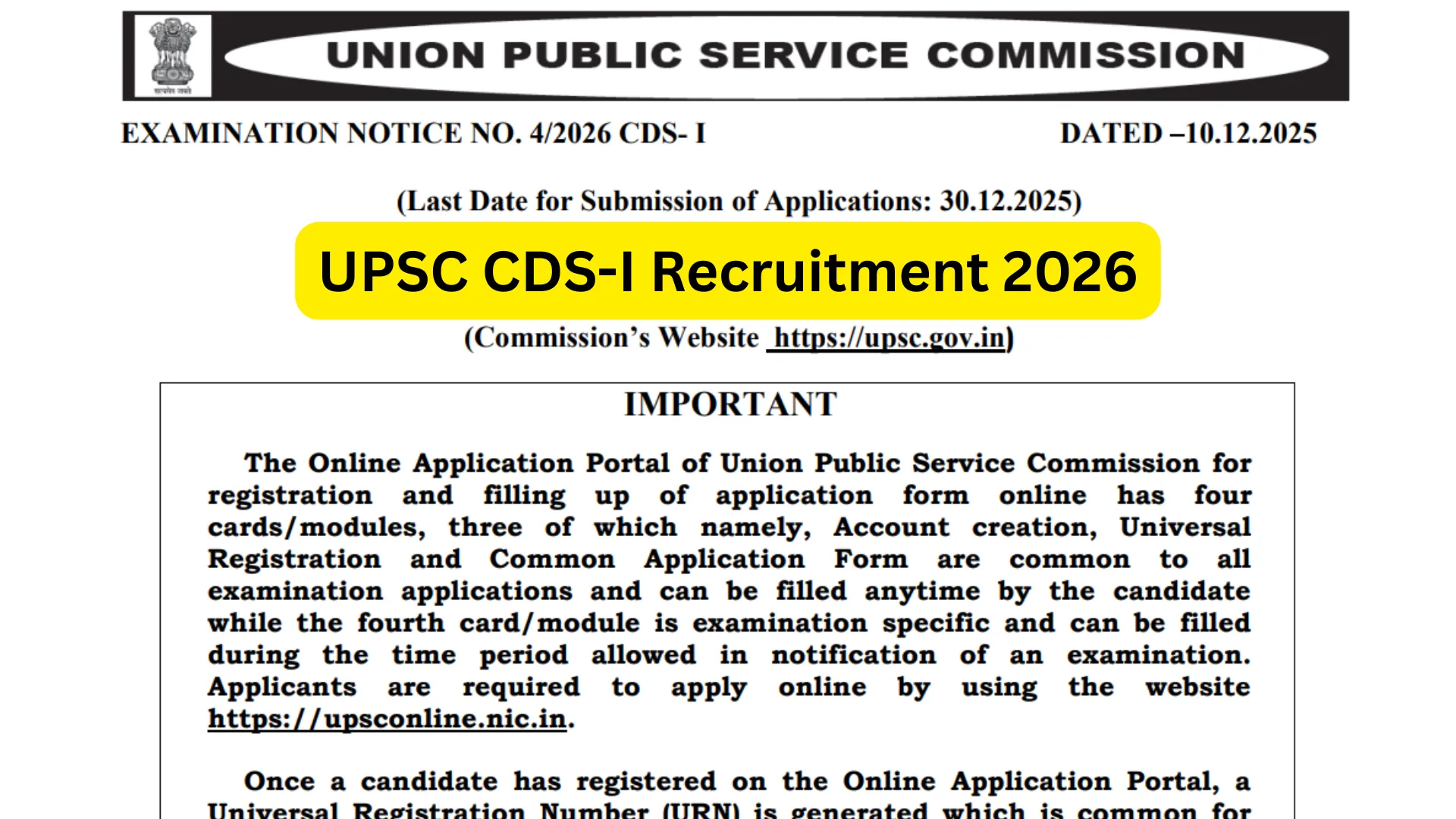 UPSC CDS-I Recruitment 2026 Notification Released for 451 Posts, Apply Online