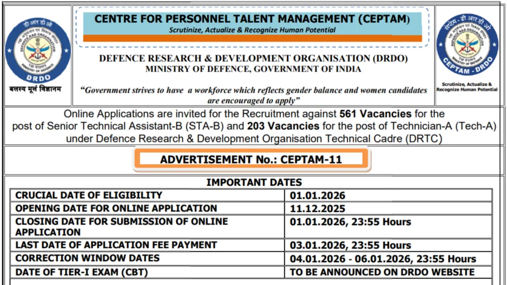 DRDO CEPTAM-11 (STA, Technician) Recruitment 2025 Notification Released and Apply Online for 764 Posts