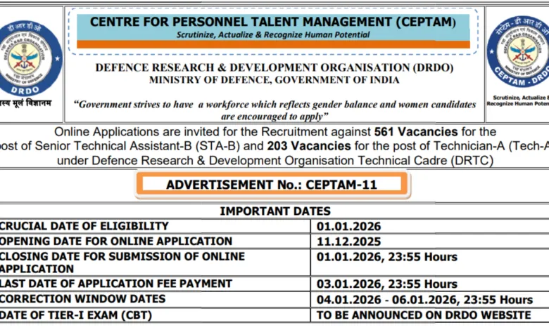 DRDO CEPTAM-11 (STA, Technician) Recruitment 2025 Notification Released and Apply Online for 764 Posts