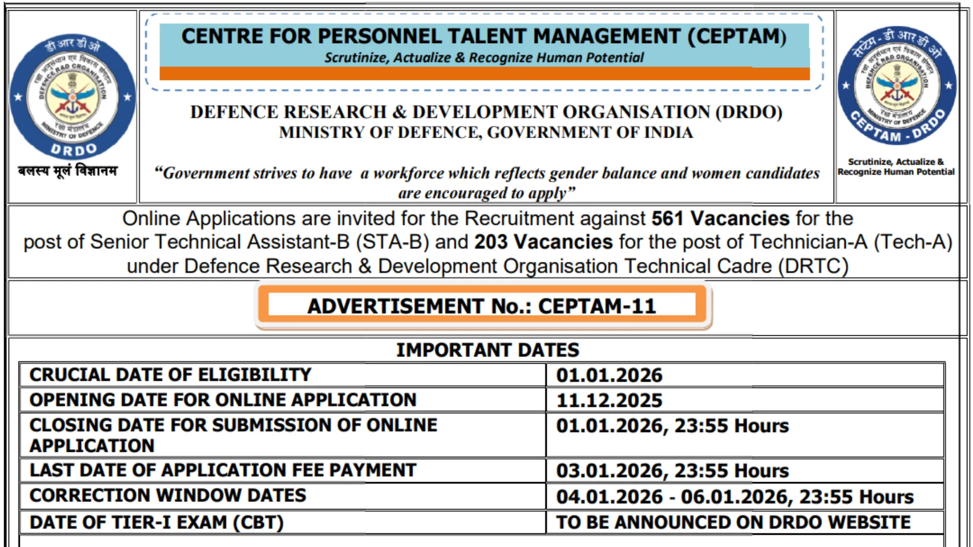 DRDO CEPTAM-11 (STA, Technician) Recruitment 2025 Notification Released and Apply Online for 764 Posts