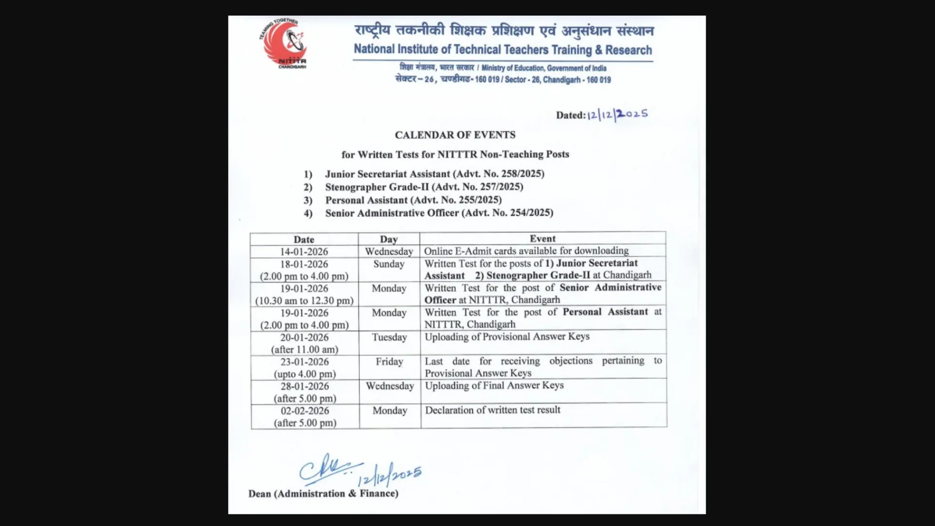 NITTTR Chandigarh Non Teaching (16 Various Posts) Exam Date & Admit Card 2025 Released, Check Now