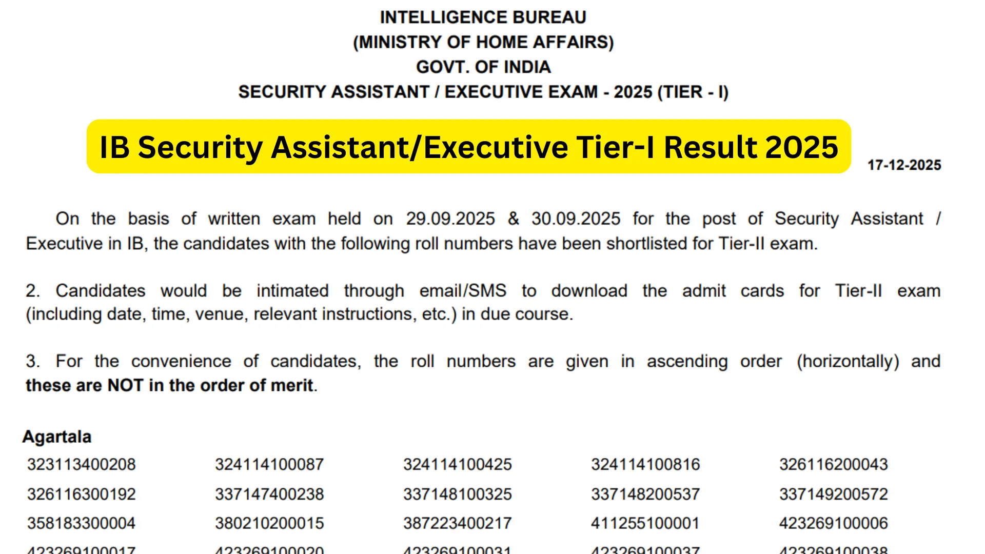 IB Security Assistant/Executive (4987 Posts) Result 2025 Released, Download PDF