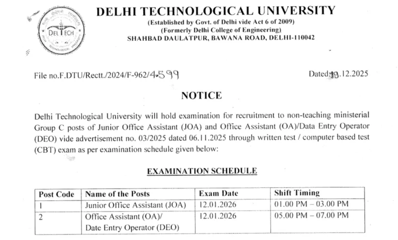 Delhi DTU Non Teaching (66 Posts) Exam Date & Admit Card 2025 Released, Check Now