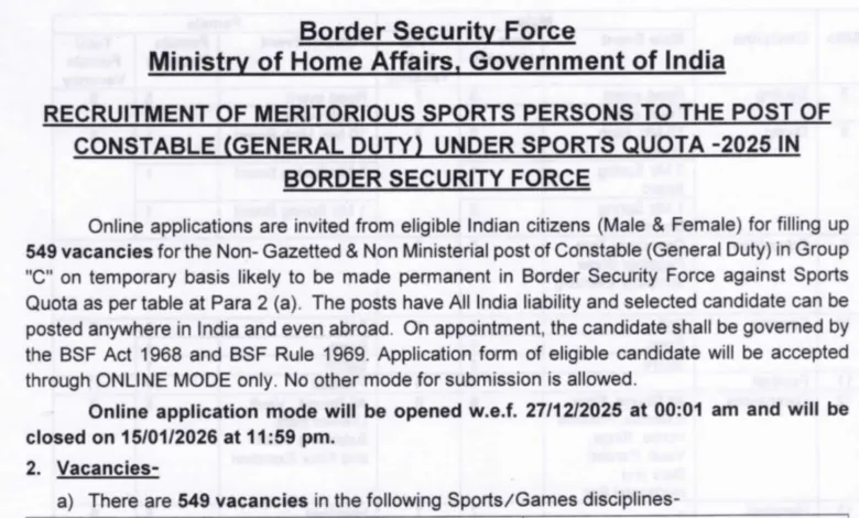 BSF Constable GD Sports Recruitment 2025 Notification Released for 549 Post, Apply Online
