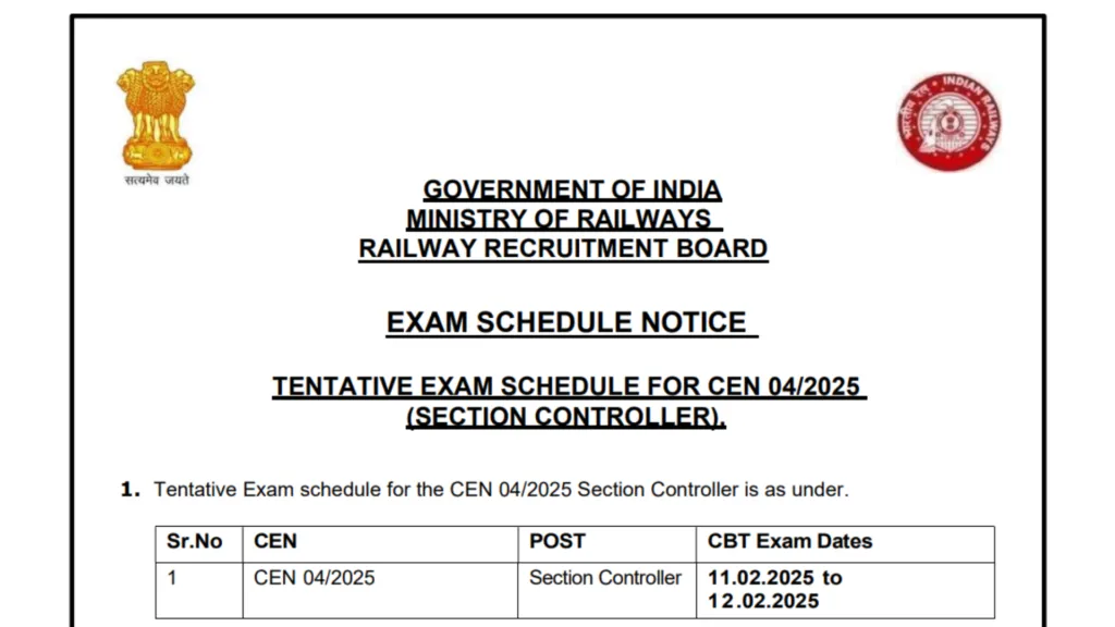 Railway RRB Section Controller (368 Posts) Exam Date & Admit Card 2025 Released, Check Now