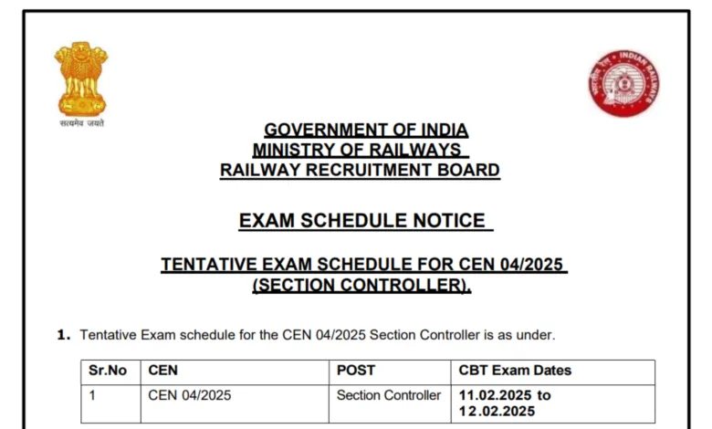 Railway RRB Section Controller (368 Posts) Exam Date & Admit Card 2025 Released, Check Now