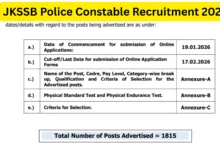 JKSSB Police Constable Recruitment 2026 Notification Released for 1815 Posts, Apply Online