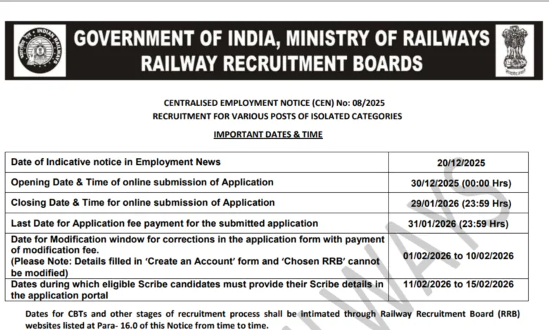 Railway RRB Ministerial & Isolated Category Recruitment 2026 Notification Released and Apply Online for 312 Posts