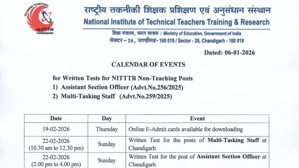 NITTTR Chandigarh Non Teaching (16 Various Posts) Exam Date & Admit Card 2025 Released, Check Now
