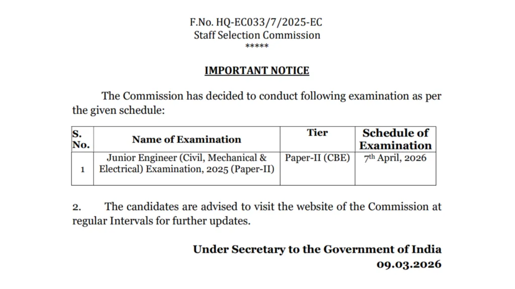 SSC Junior Engineer (1731 Posts) Exam Date & Admit Card 2025 Released, Check Now