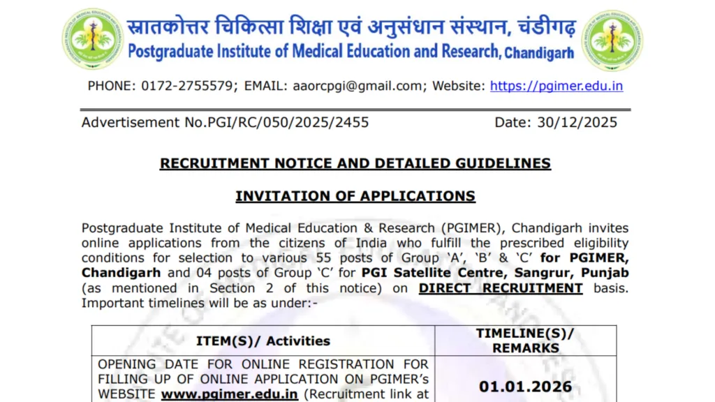 PGIMER Chandigarh Recruitment 2026 Notification