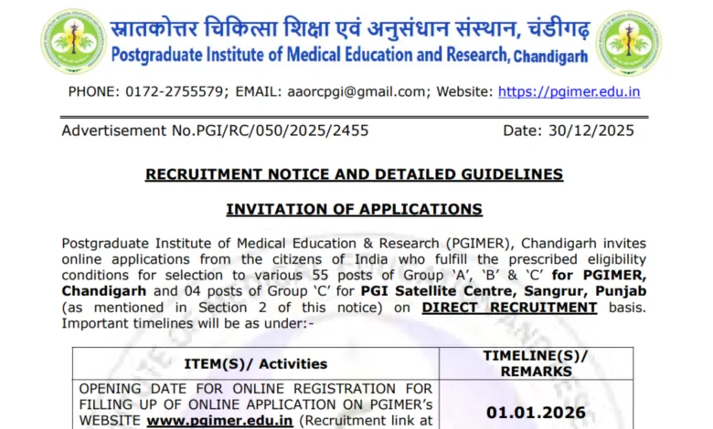 PGIMER Chandigarh Recruitment 2026 Notification