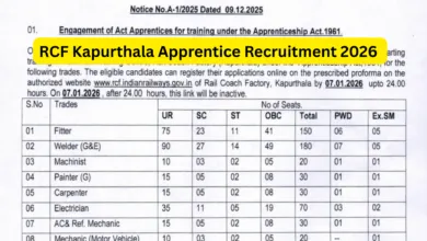 Rail Coach Factory (RCF) Kapurthala Apprentice Recruitment 2025 Notification Released and Apply Online for 550 Posts