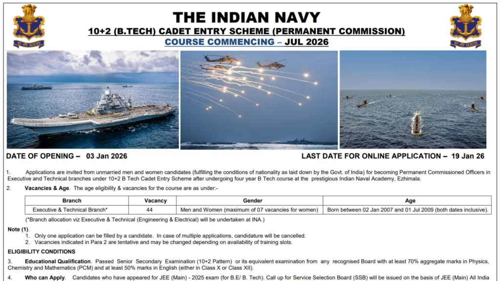 Indian Navy 10+2 (B.Tech) Cadet Entry July 2026 Notification Released and Apply Online