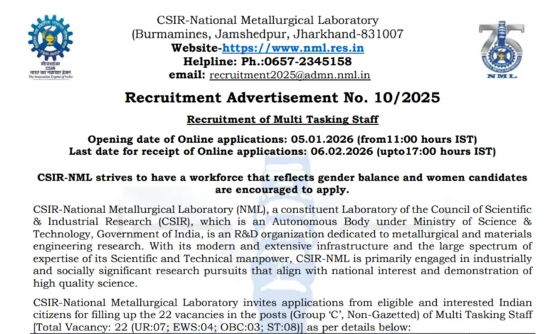 CSIR NML Multi Tasking Staff Recruitment 2026 Notification Released & Apply Online