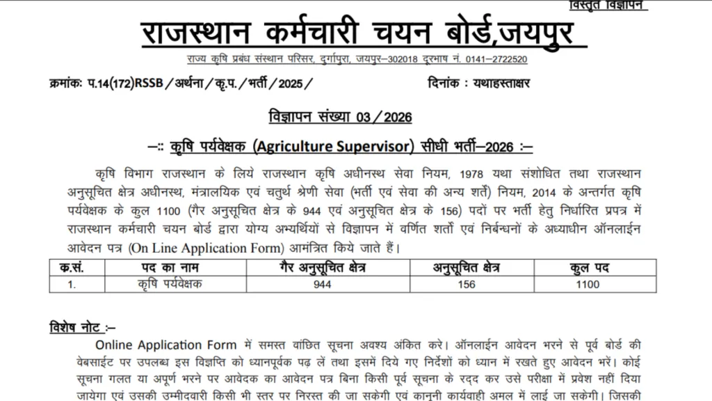 Rajasthan RSSB Agriculture Supervisor Recruitment 2026 Notification Released for 1100 Posts, Apply Online
