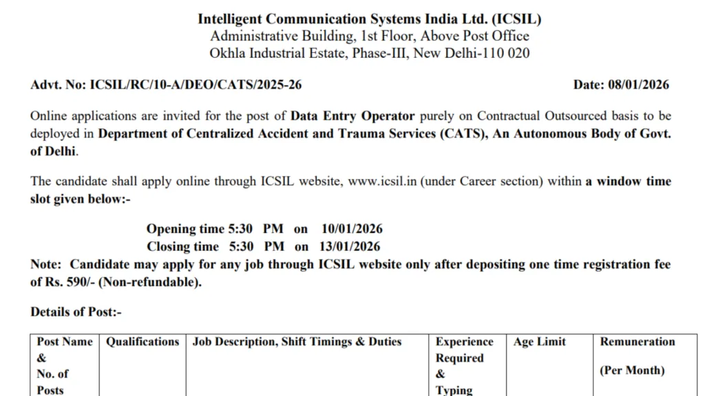 Delhi ICSIL Data Entry Operator Recruitment 2026 Notification Released and Apply Online