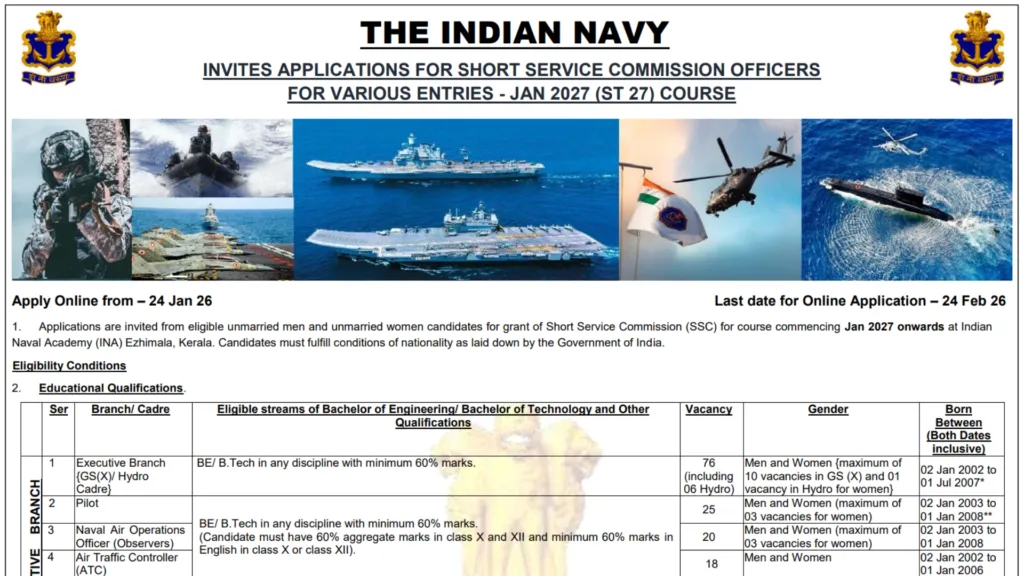 Indian Navy SSC Officer Recruitment 2026 Notification Released for 260 Posts, Apply Online