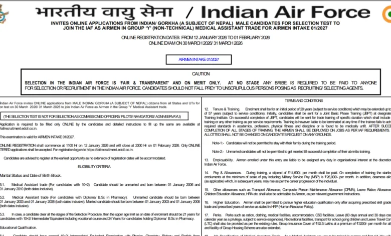 Indian Air Force Airmen (Group Y) Intake 01/2027 Notification Released & Apply Online