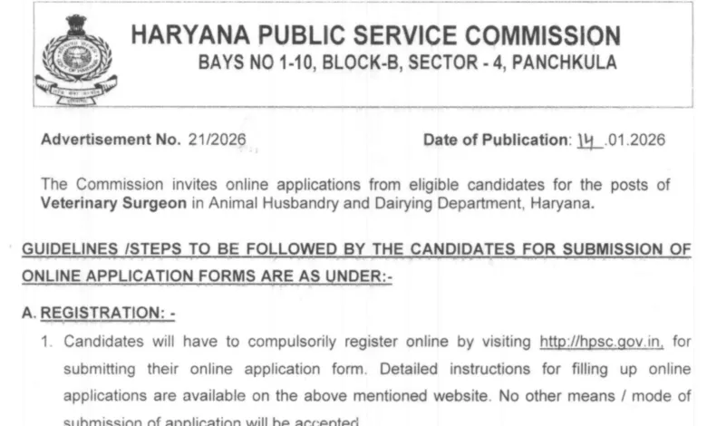 Haryana HPSC Veterinary Surgeon Recruitment 2026 Notification Released and Apply Online for 162 Posts