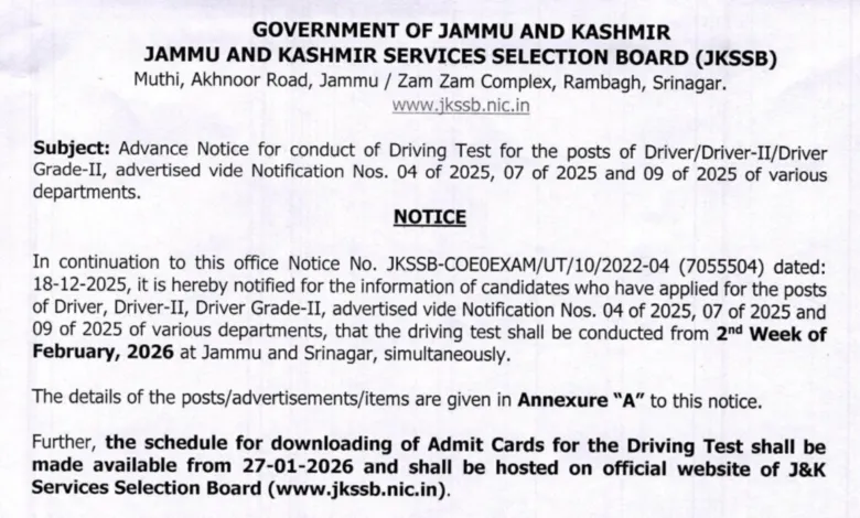 JKSSB Driver (107 Posts) Exam Date & Admit Card 2026 Released, Check Now