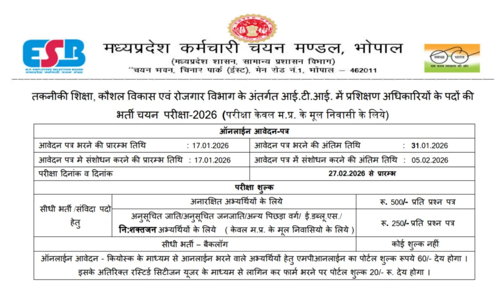 MPESB ITI Training Officer Recruitment 2026 Notification Released and Apply Online for 1120 Posts