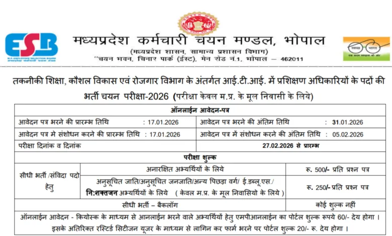 MPESB ITI Training Officer Recruitment 2026 Notification Released and Apply Online for 1120 Posts
