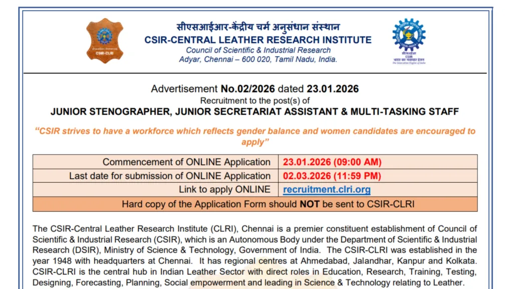 CSIR CLRI MTS, JSA & Stenographer Recruitment 2026 Notification Released and Apply Online