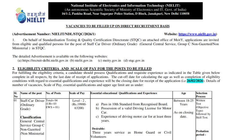 NIELIT Delhi Staff Car Driver Recruitment 2026 Notification and Online Form