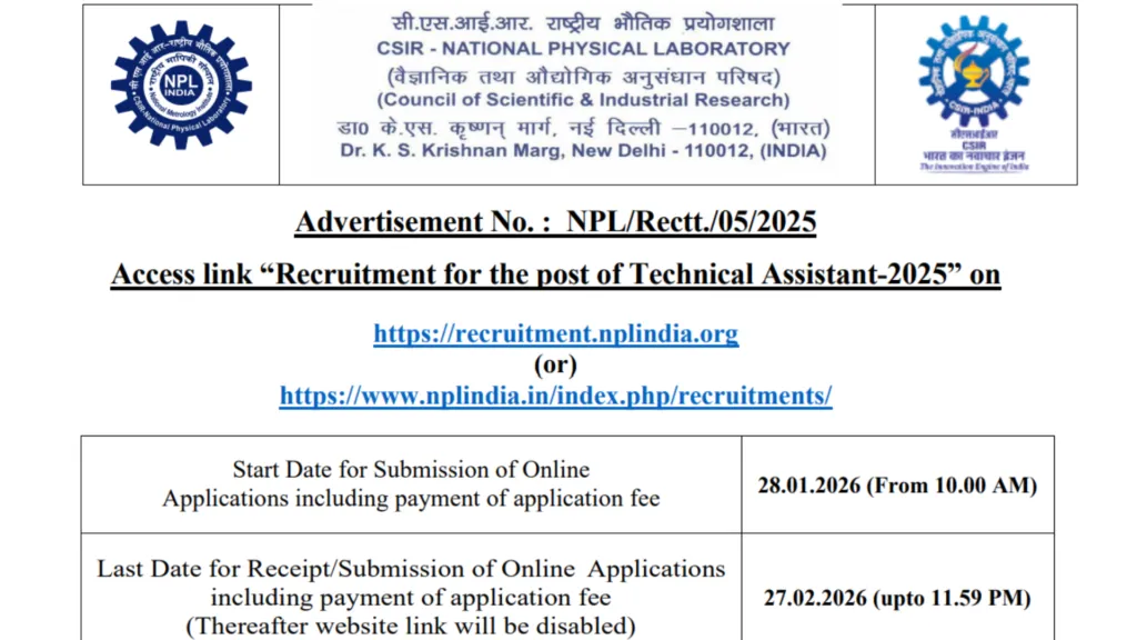 CSIR NPL Delhi Technical Assistant Recruitment 2026 Notification Released & Apply Online