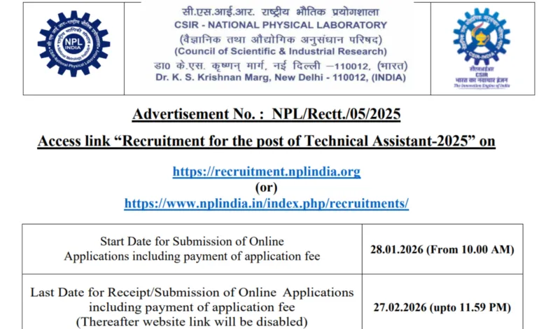 CSIR NPL Delhi Technical Assistant Recruitment 2026 Notification Released & Apply Online