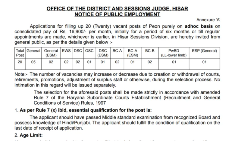 Hisar Court Peon Recruitment 2026 Notification and Offline Form
