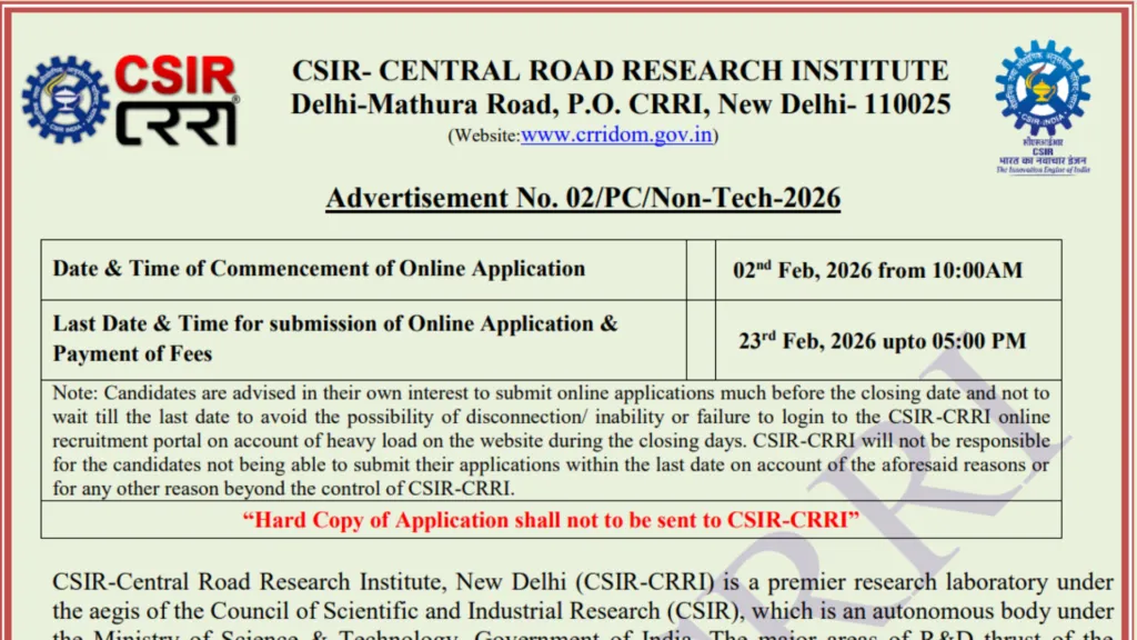 Delhi CSIR CRRI MTS, SA & JHT Recruitment 2026 Notification Released & Apply Online