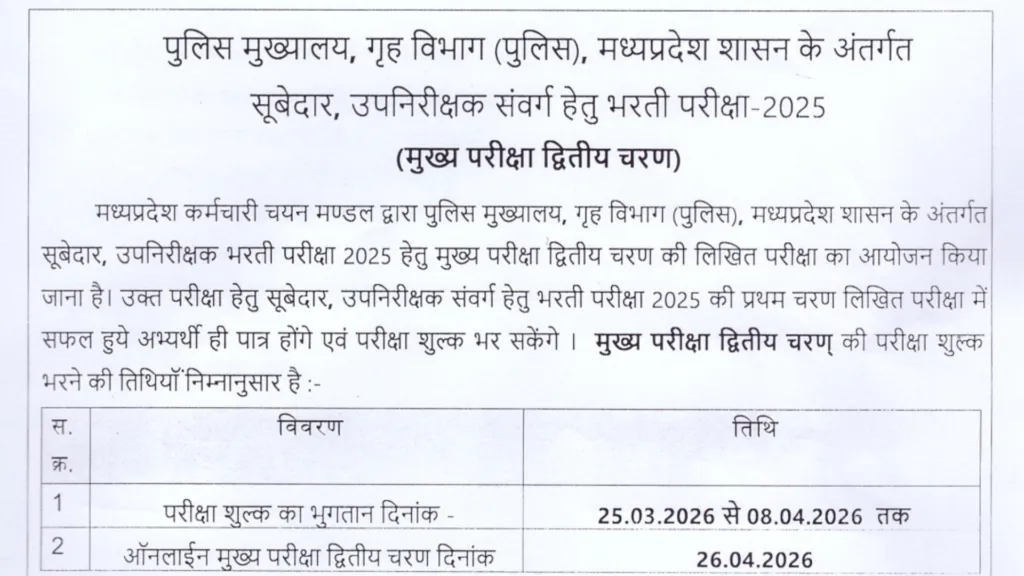 MP Police Subedar & Sub-Inspector (500 Posts) Admit Card 2026 Released, Download Now