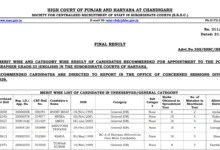 Punjab and Haryana High Court Stenographer (419 Posts) Result 2026 Released, Download PDF