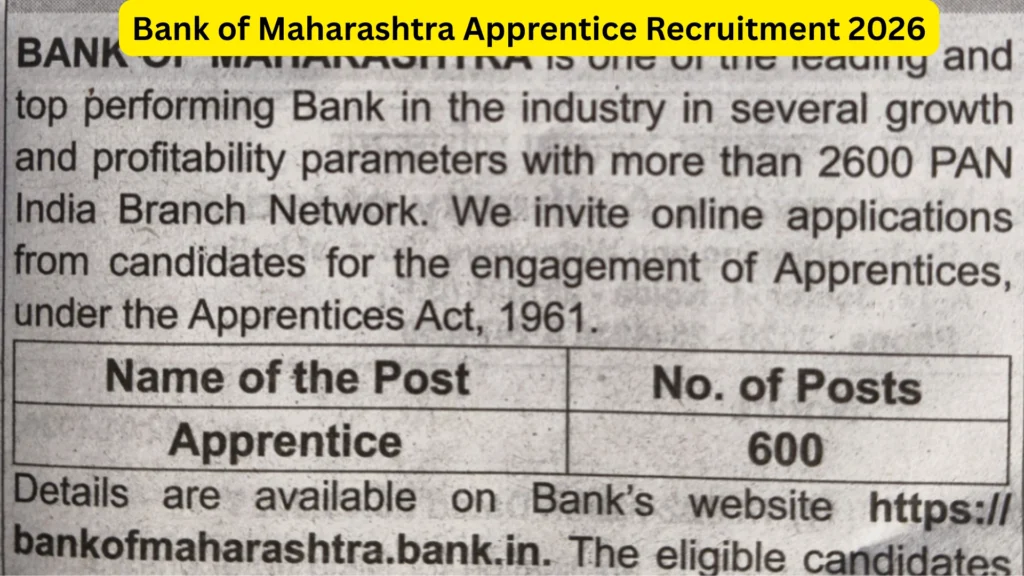 Bank of Maharashtra Apprentice Recruitment 2026 Notification Released for 600 Posts, Apply Online