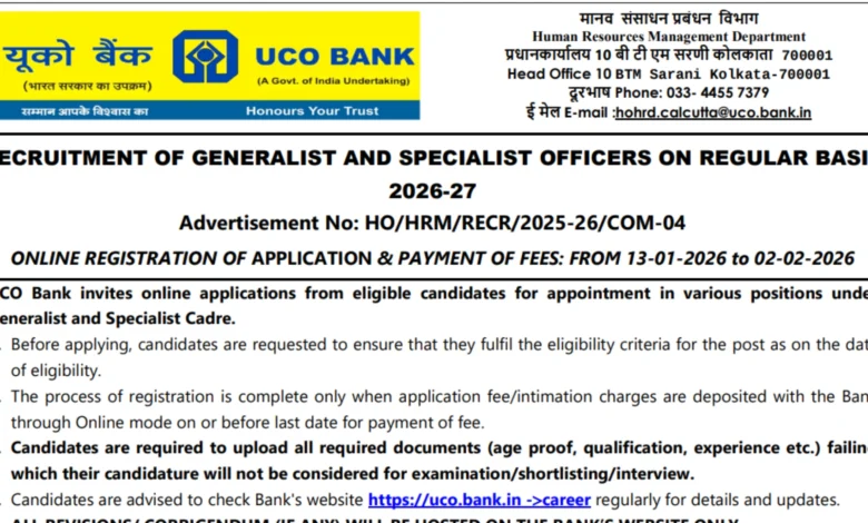 UCO Bank Generalist & Specialist Officers Recruitment 2026 Notification Released for 173 Posts, Apply Online