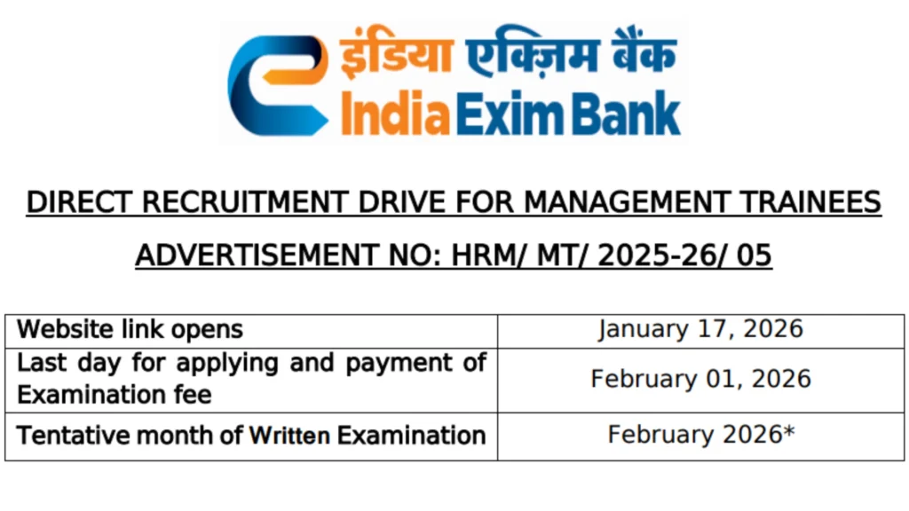 Exim Bank Management Trainee Recruitment 2026 Notification Released & Apply Online