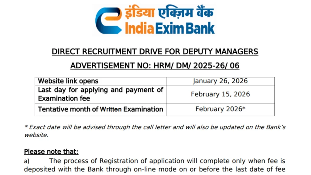 EXIM Bank Deputy Manager Recruitment 2026 Notification Released & Apply Online