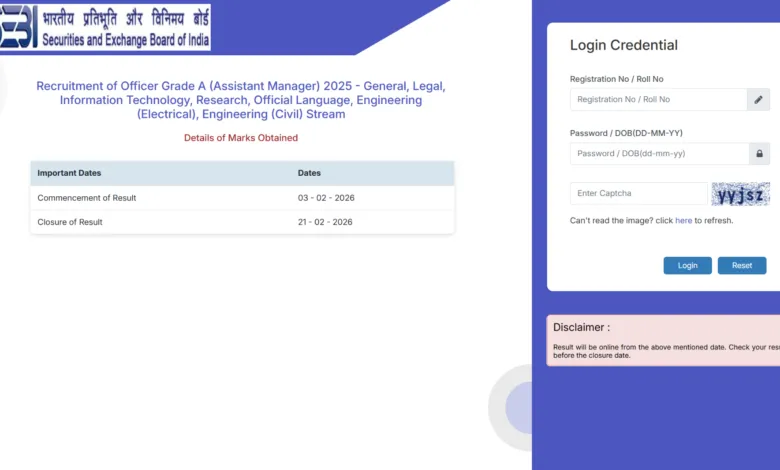 SEBI Grade A (Assistant Manager-135 Posts) Result 2026 Released, Check Now