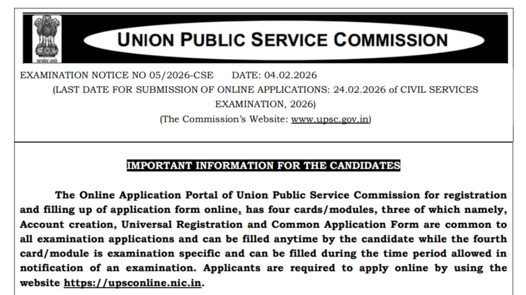 UPSC Civil Service Exam 2026 Notification Released & Apply Online for 933 Posts