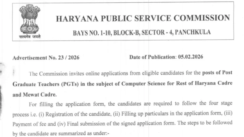 Haryana HPSC PGT Computer Science Recruitment 2026 Notification Released for 1672 Posts, Apply Online