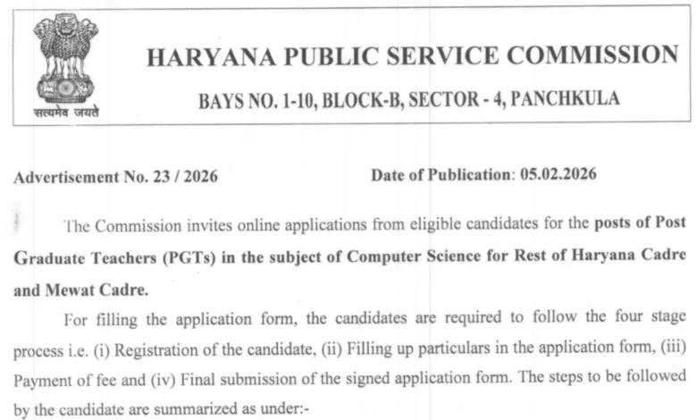Haryana HPSC PGT Computer Science Recruitment 2026 Notification Released for 1672 Posts, Apply Online
