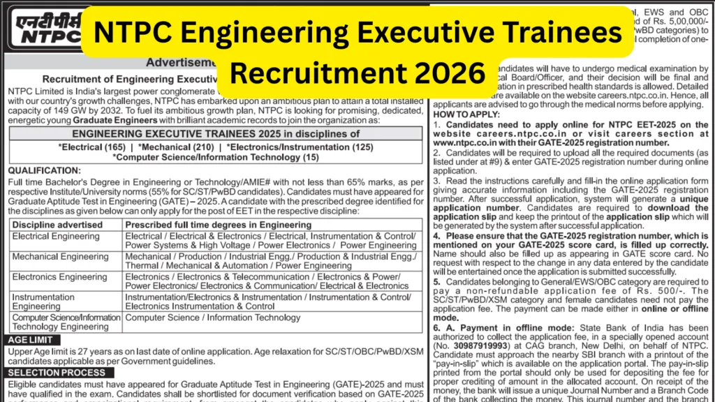 NTPC Engineering Executive Trainees Recruitment 2026 Notification Released & Apply Online for 515 Posts