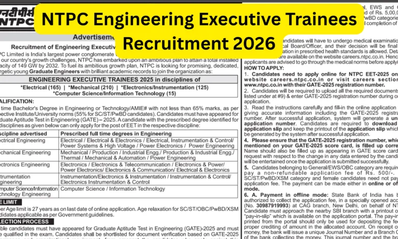 NTPC Engineering Executive Trainees Recruitment 2026 Notification Released & Apply Online for 515 Posts