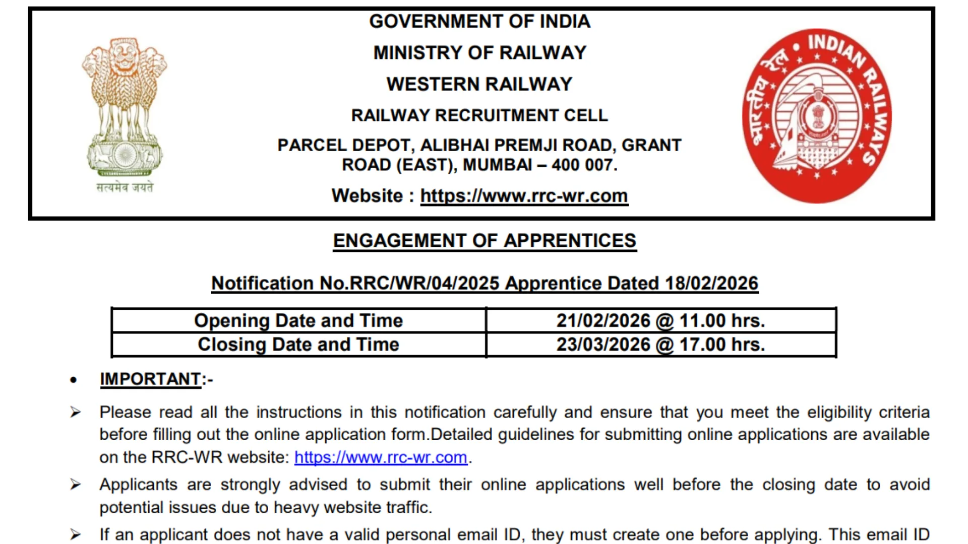 Railway RRC WR Apprentice Recruitment 2026 Notification Released ...
