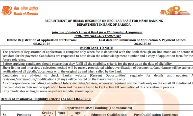 Bank of Baroda Manager and Senior Manager Recruitment 2026 Notification Released & Apply Online for 166 Posts