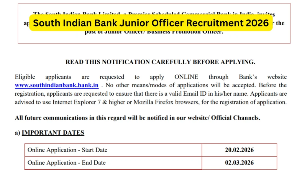 South Indian Bank (SIB) Junior Officer Recruitment 2026 Notification Released & Apply Online